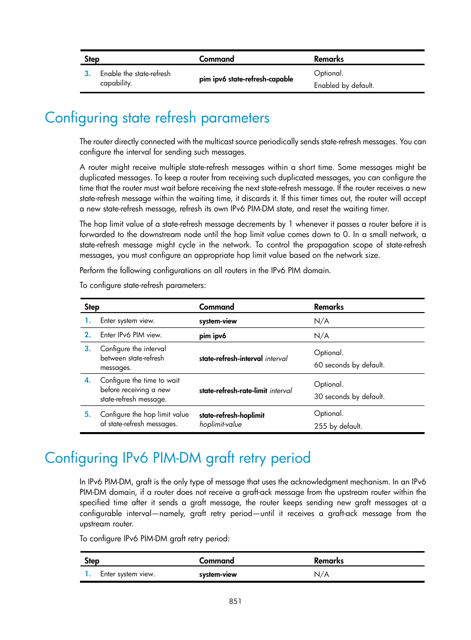 Configuring state refresh parameters, Configuring ipv6 pim-dm graft retry period | H3C Technologies H3C SecPath F1000-E User Manual | Page 876 / 967