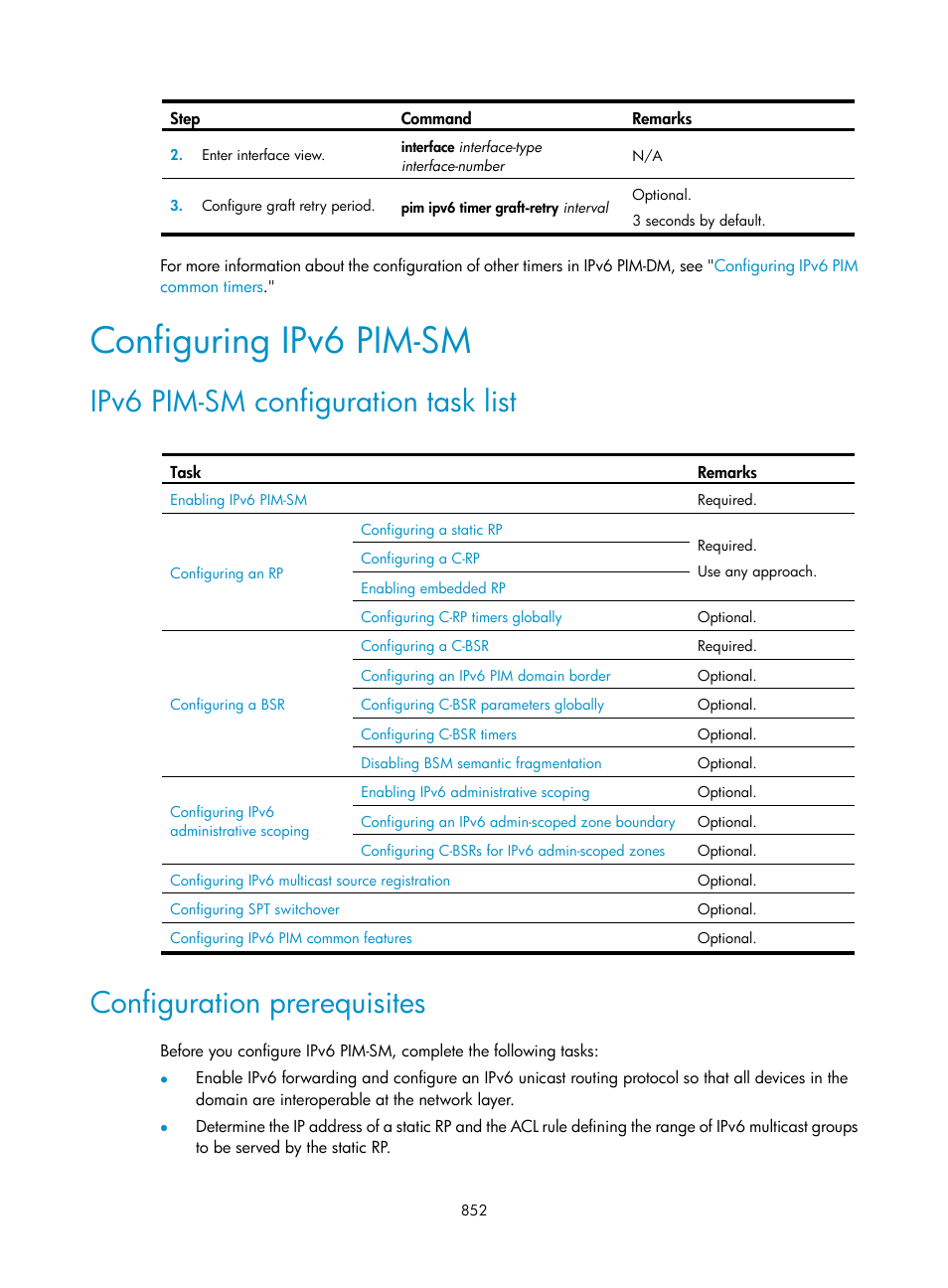 Configuring ipv6 pim-sm, Ipv6 pim-sm configuration task list, Configuration prerequisites | H3C Technologies H3C SecPath F1000-E User Manual | Page 877 / 967