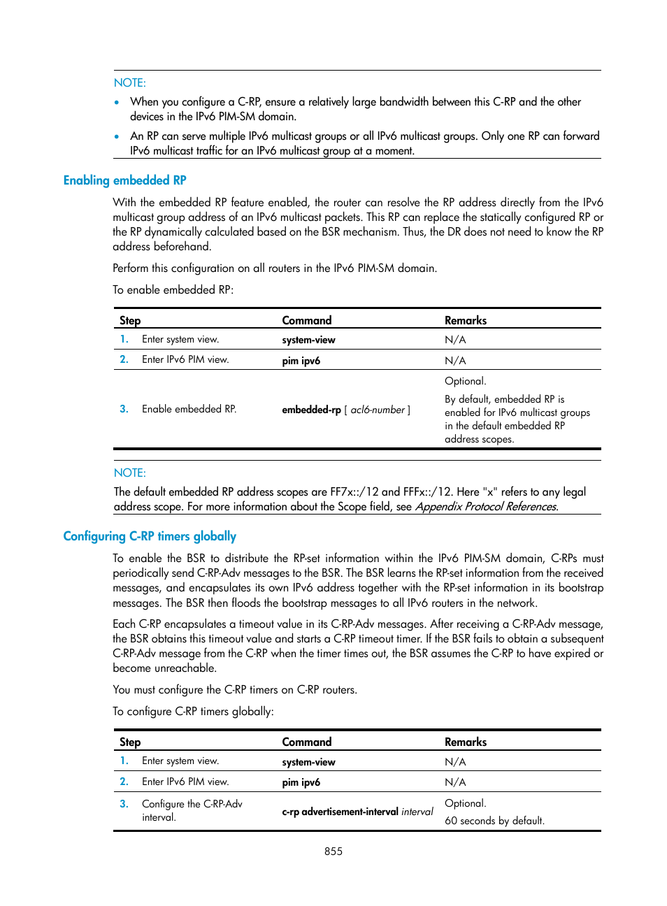 Enabling embedded rp, Configuring c-rp timers globally | H3C Technologies H3C SecPath F1000-E User Manual | Page 880 / 967