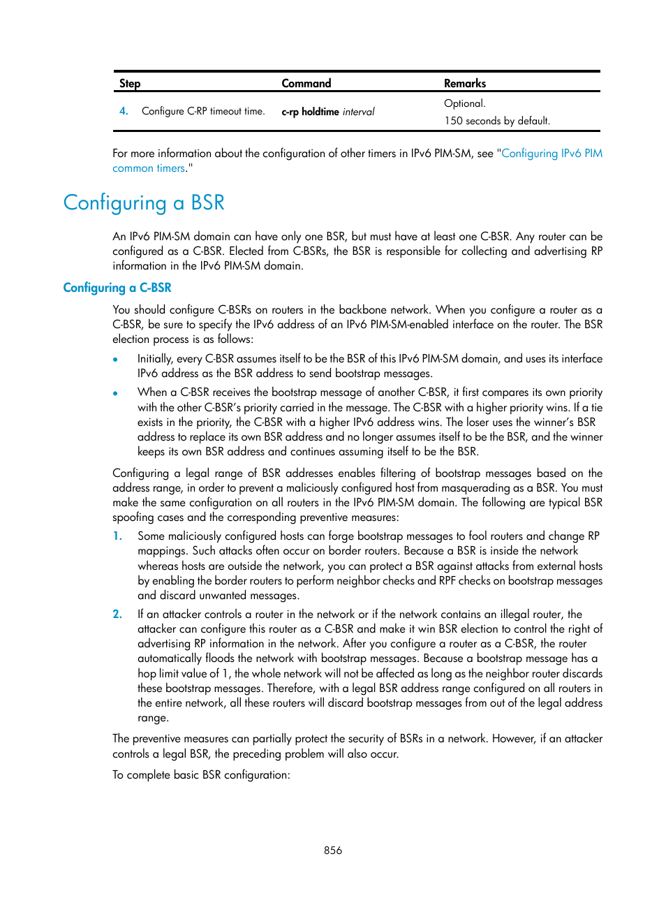 Configuring a bsr, Configuring a c-bsr | H3C Technologies H3C SecPath F1000-E User Manual | Page 881 / 967