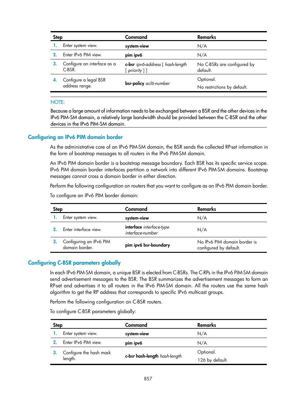 Configuring an ipv6 pim domain border, Configuring c-bsr parameters globally | H3C Technologies H3C SecPath F1000-E User Manual | Page 882 / 967