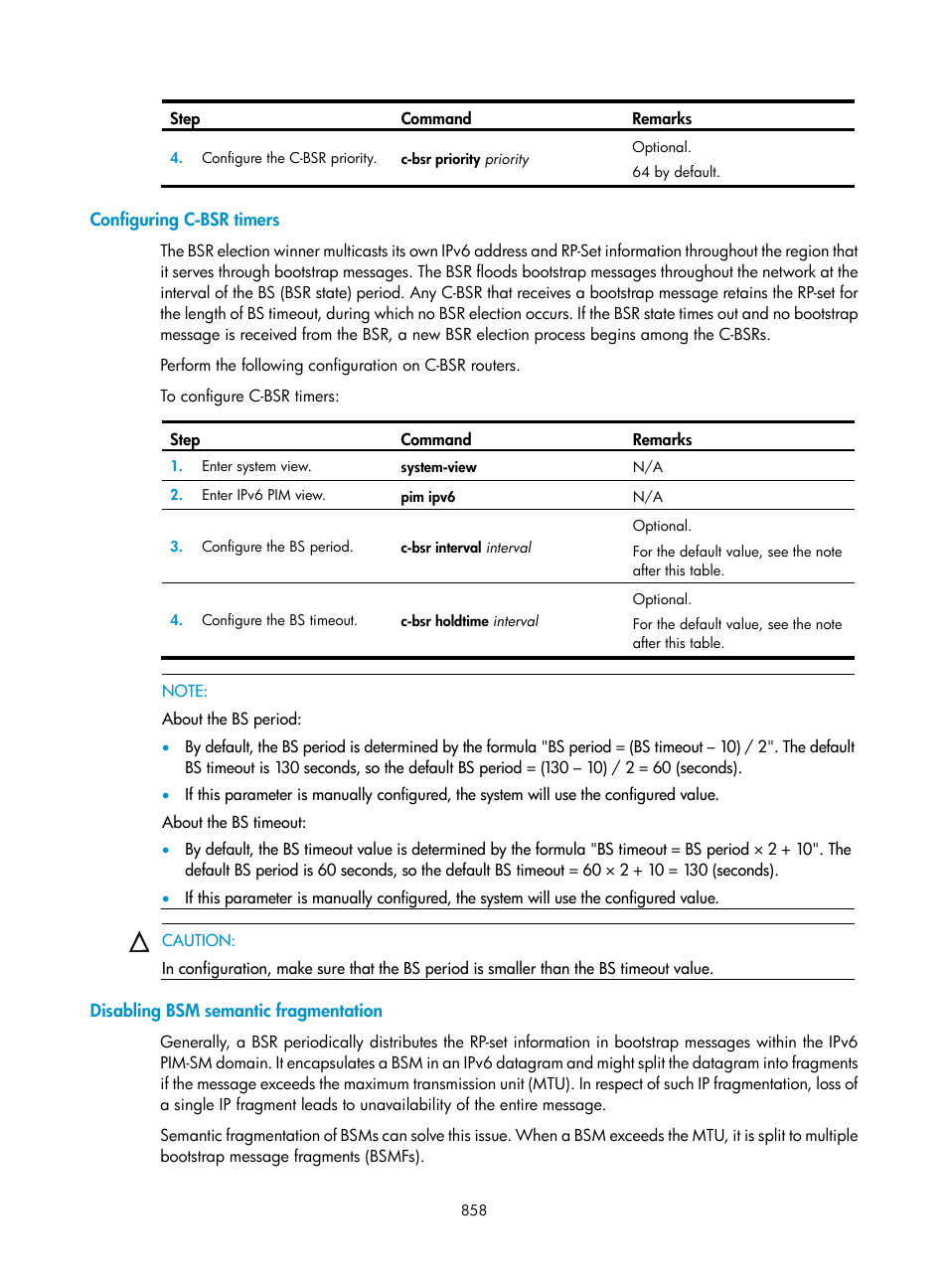 Configuring c-bsr timers, Disabling bsm semantic fragmentation | H3C Technologies H3C SecPath F1000-E User Manual | Page 883 / 967