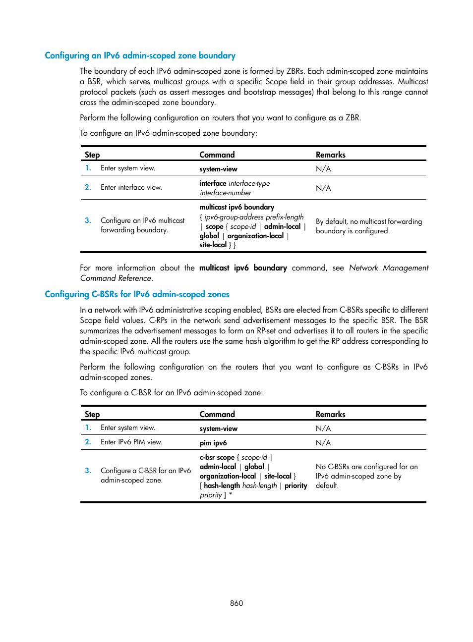 Configuring an ipv6 admin-scoped zone boundary, Configuring c-bsrs for ipv6 admin-scoped zones | H3C Technologies H3C SecPath F1000-E User Manual | Page 885 / 967