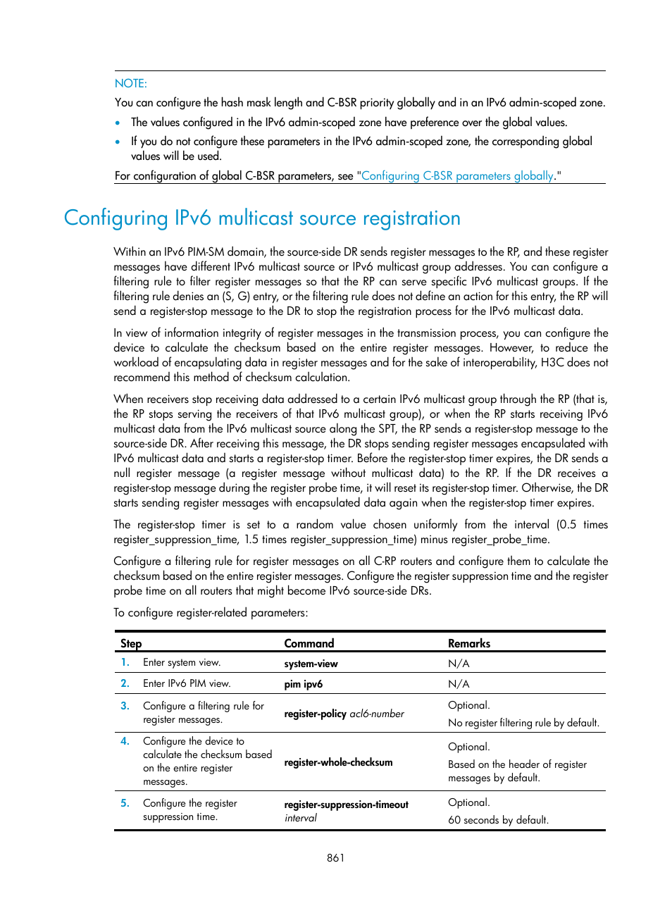 Configuring ipv6 multicast source registration | H3C Technologies H3C SecPath F1000-E User Manual | Page 886 / 967