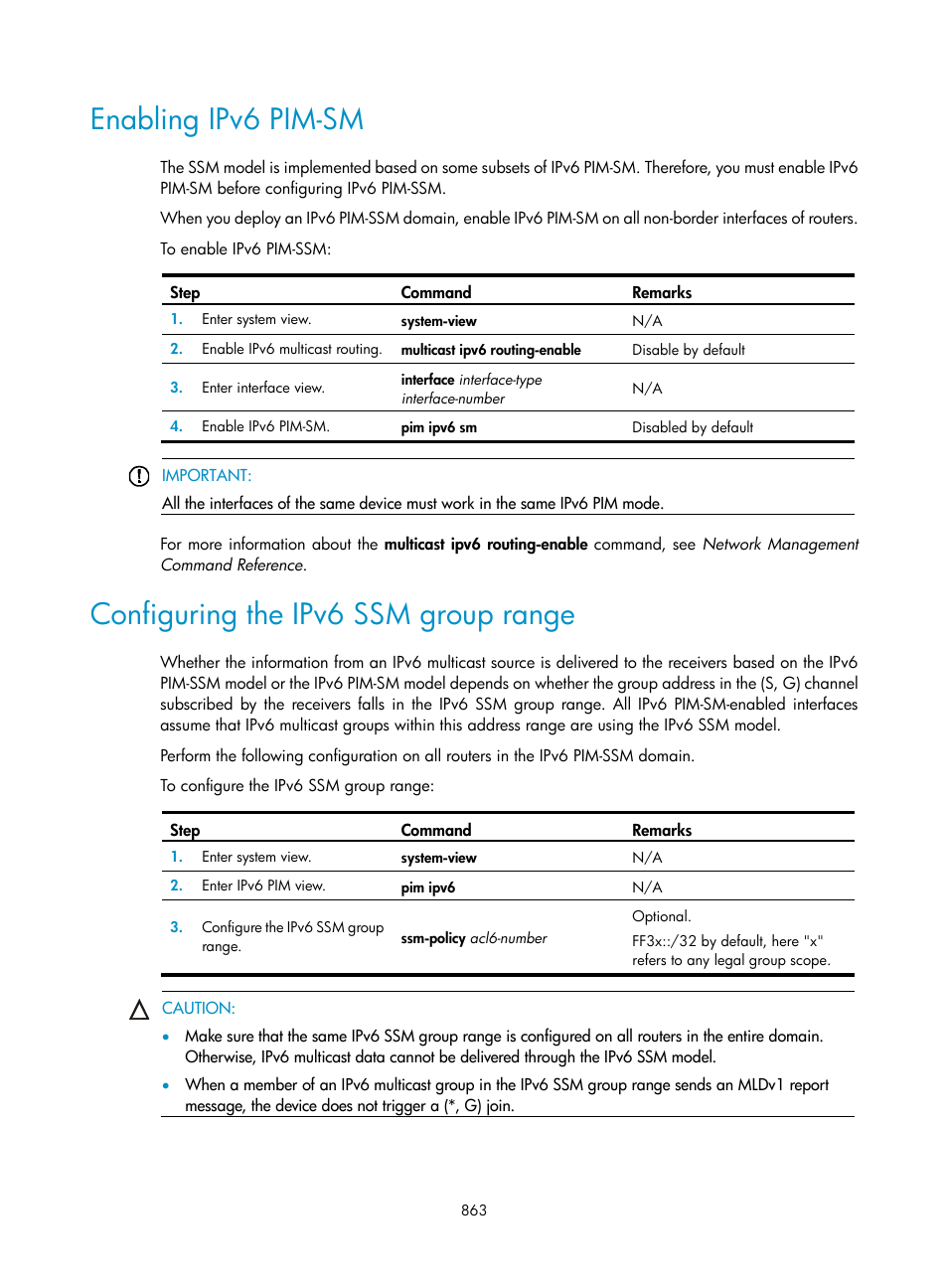 Enabling ipv6 pim-sm, Configuring the ipv6 ssm group range | H3C Technologies H3C SecPath F1000-E User Manual | Page 888 / 967