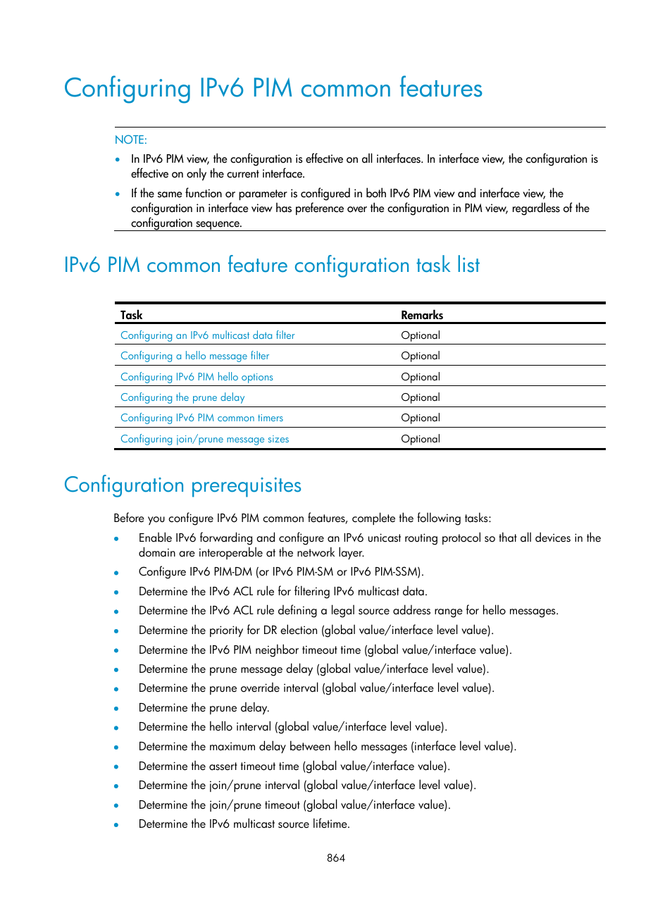 Configuring ipv6 pim common features, Ipv6 pim common feature configuration task list, Configuration prerequisites | H3C Technologies H3C SecPath F1000-E User Manual | Page 889 / 967