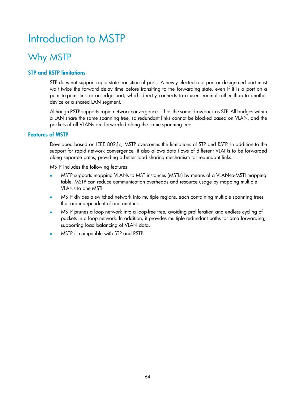 Introduction to mstp, Why mstp, Stp and rstp limitations | Features of mstp | H3C Technologies H3C SecPath F1000-E User Manual | Page 89 / 967