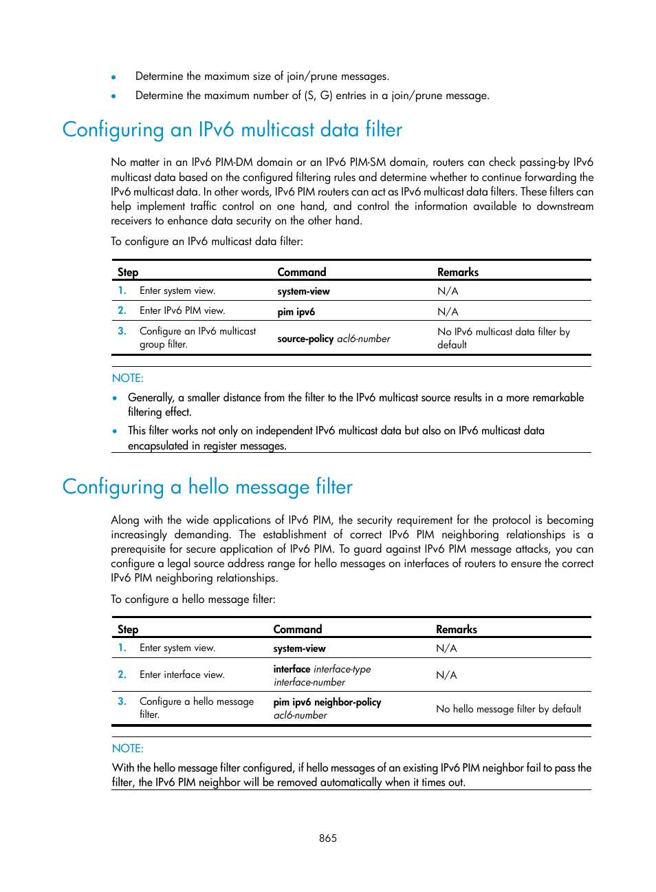 Configuring an ipv6 multicast data filter, Configuring a hello message filter | H3C Technologies H3C SecPath F1000-E User Manual | Page 890 / 967