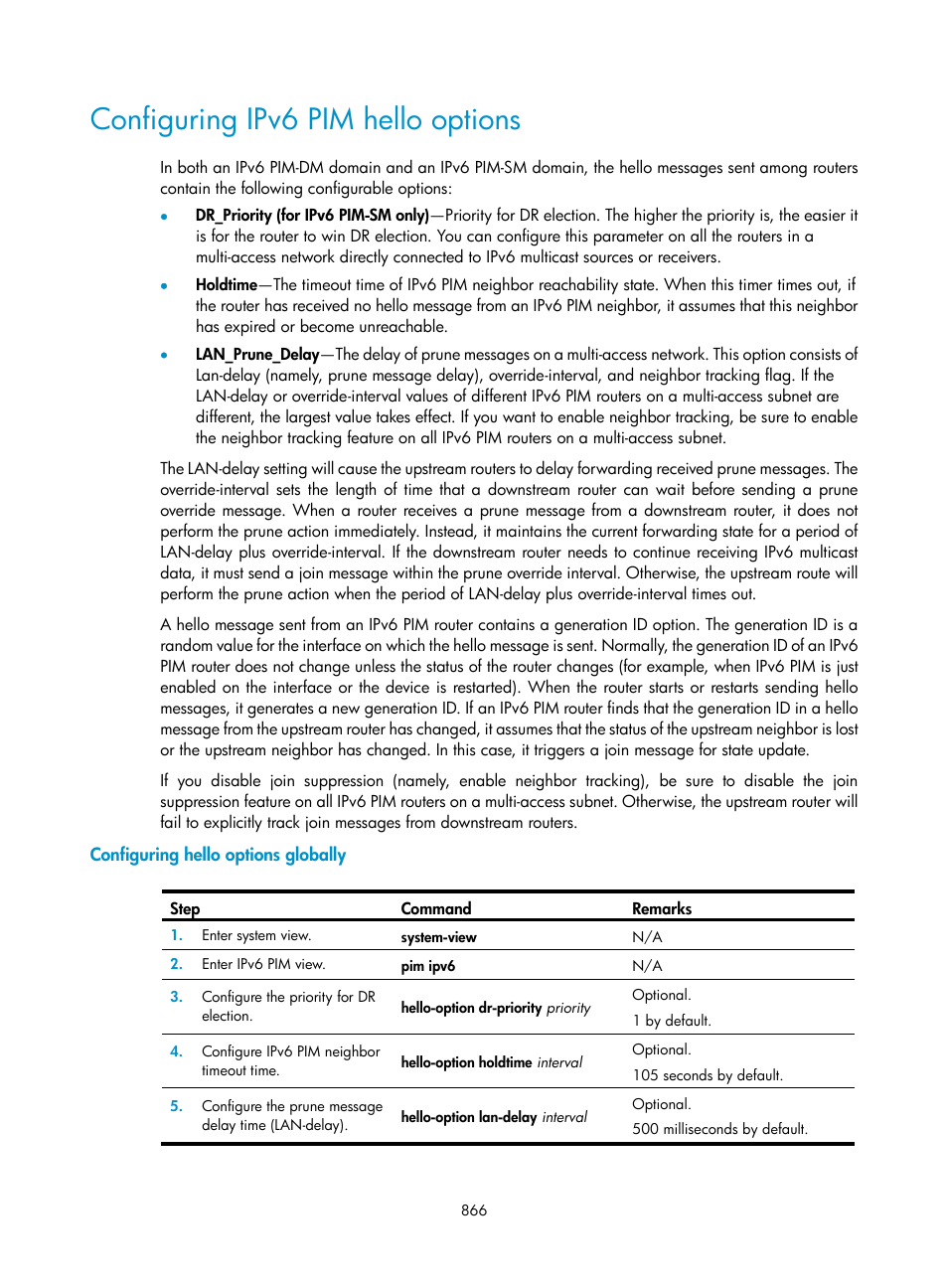 Configuring ipv6 pim hello options, Configuring hello options globally | H3C Technologies H3C SecPath F1000-E User Manual | Page 891 / 967