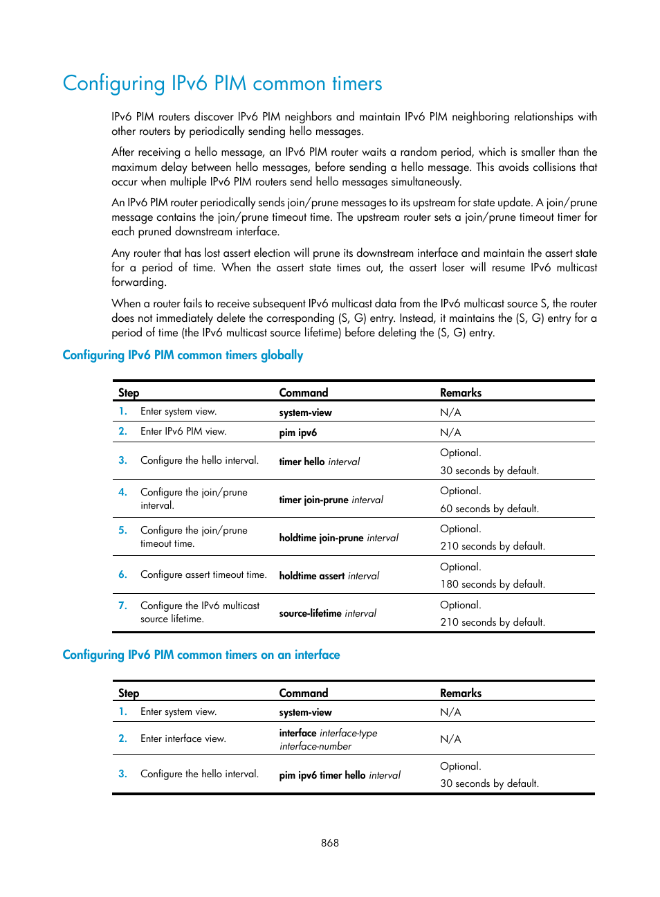 Configuring ipv6 pim common timers, Configuring ipv6 pim common timers globally, Configuring ipv6 pim common timers on an interface | Configuring ipv6 pim, Common timers | H3C Technologies H3C SecPath F1000-E User Manual | Page 893 / 967