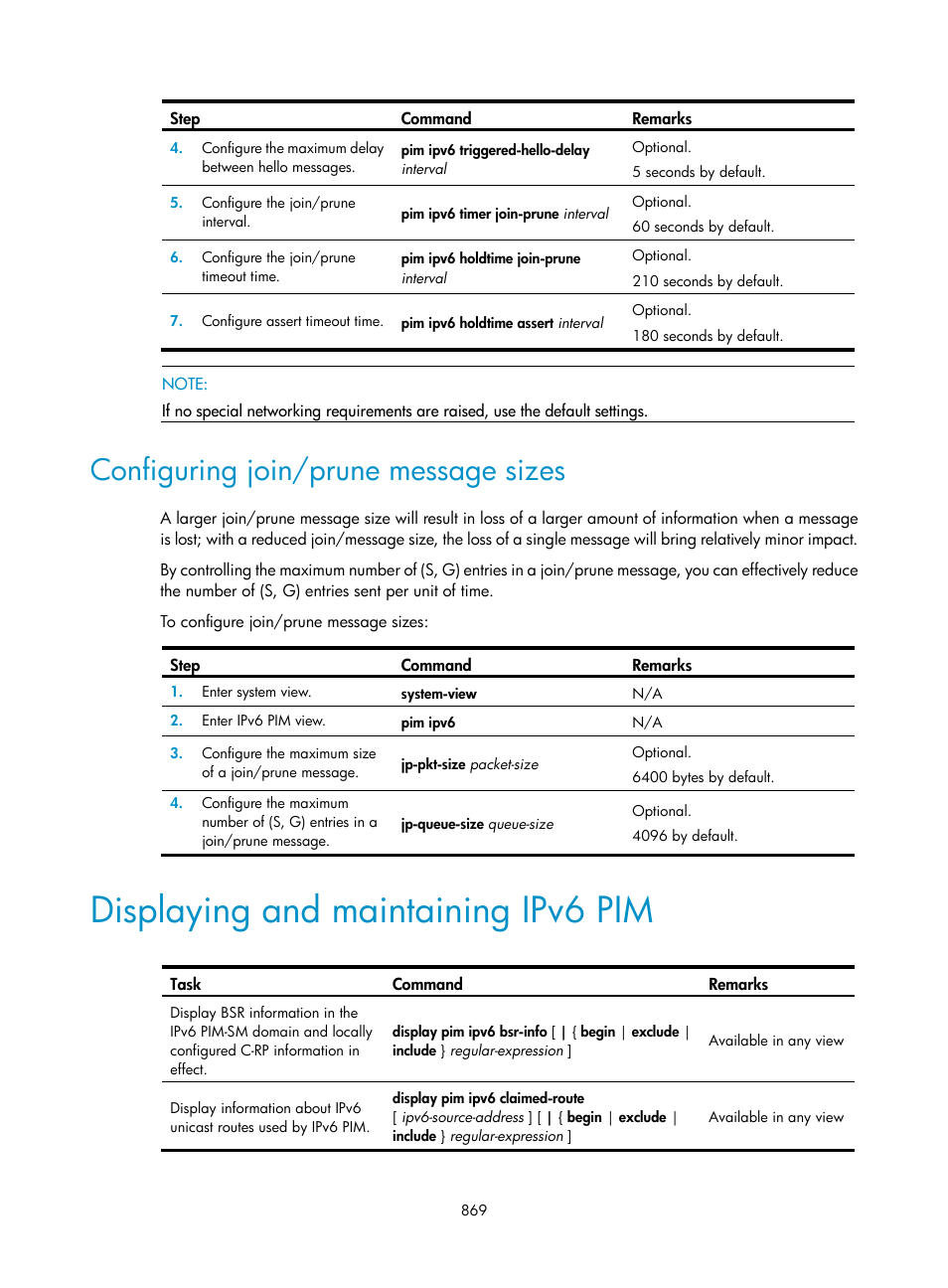 Configuring join/prune message sizes, Displaying and maintaining ipv6 pim | H3C Technologies H3C SecPath F1000-E User Manual | Page 894 / 967