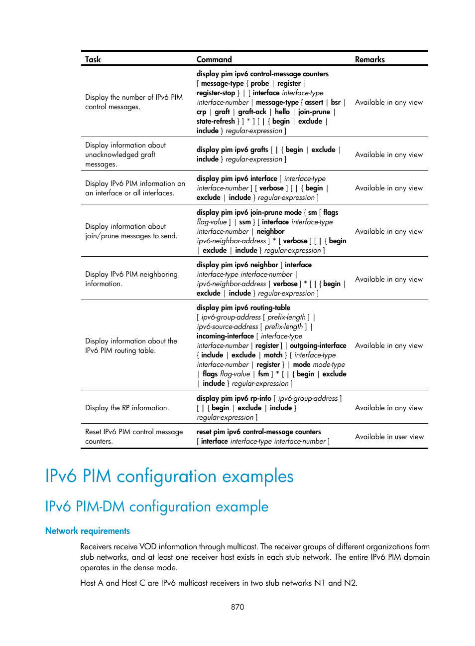 Ipv6 pim configuration examples, Ipv6 pim-dm configuration example, Network requirements | H3C Technologies H3C SecPath F1000-E User Manual | Page 895 / 967