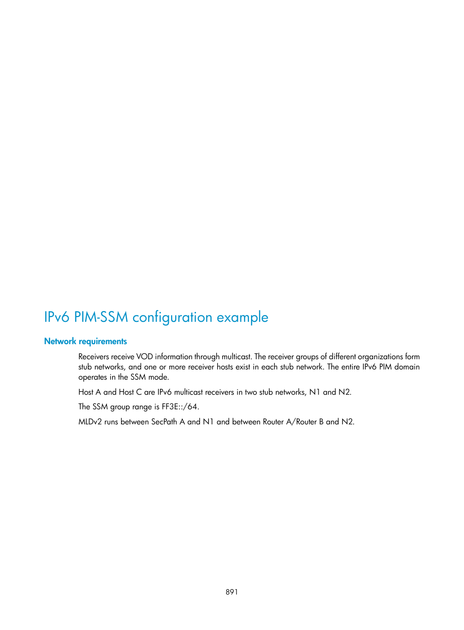 Ipv6 pim-ssm configuration example, Network requirements | H3C Technologies H3C SecPath F1000-E User Manual | Page 916 / 967