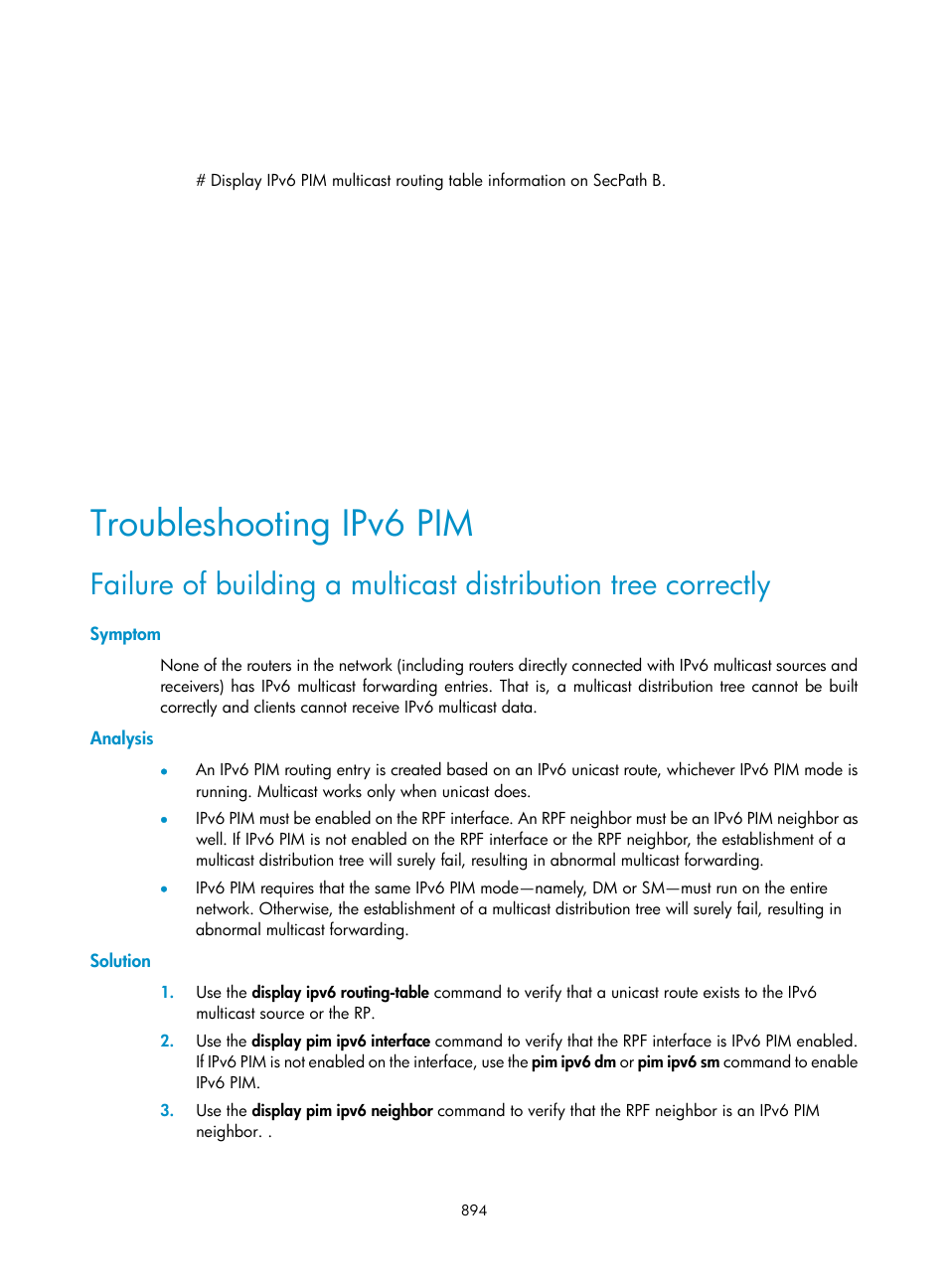 Troubleshooting ipv6 pim, Symptom, Analysis | Solution | H3C Technologies H3C SecPath F1000-E User Manual | Page 919 / 967