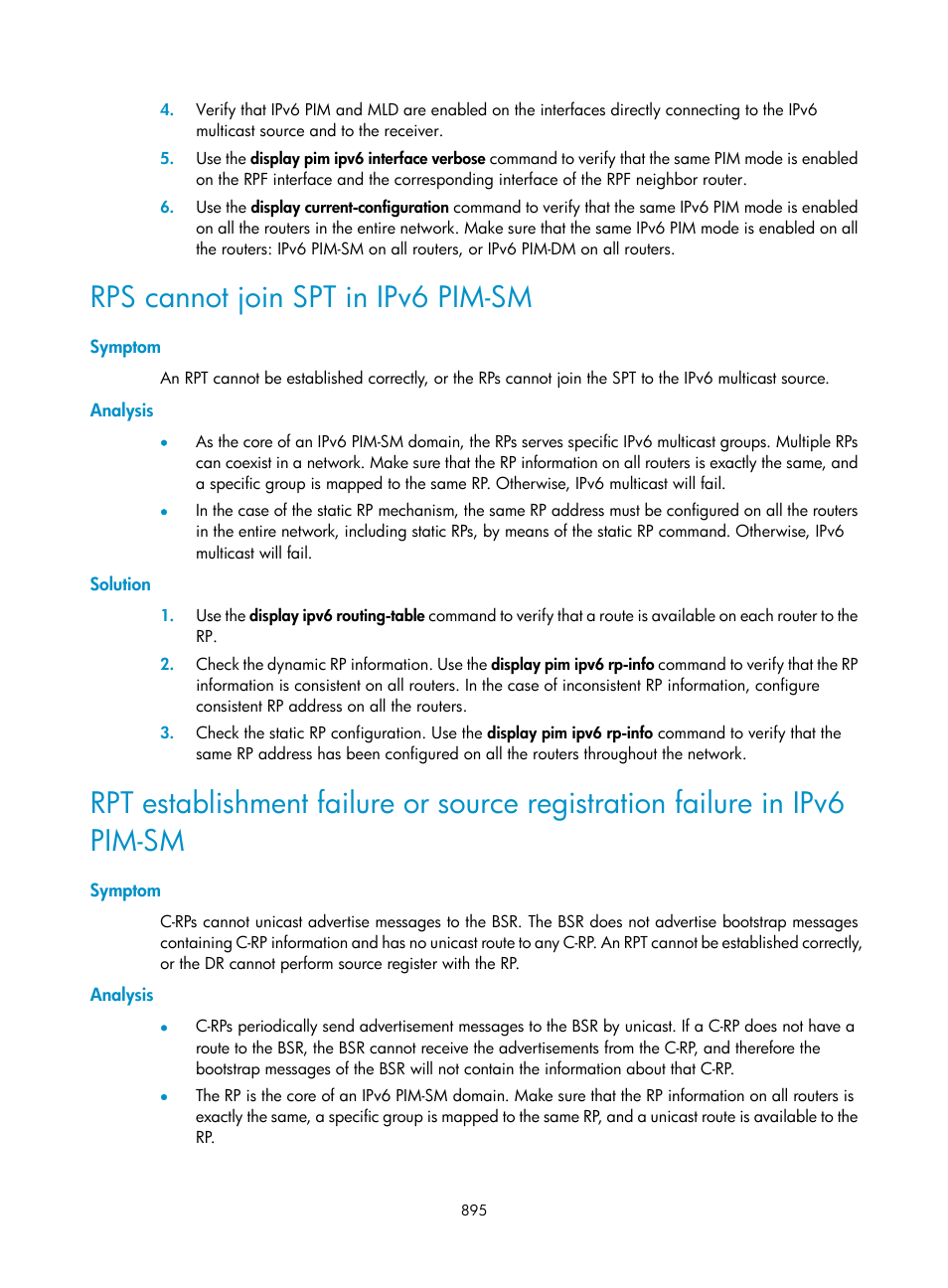 Rps cannot join spt in ipv6 pim-sm, Symptom, Analysis | Solution | H3C Technologies H3C SecPath F1000-E User Manual | Page 920 / 967