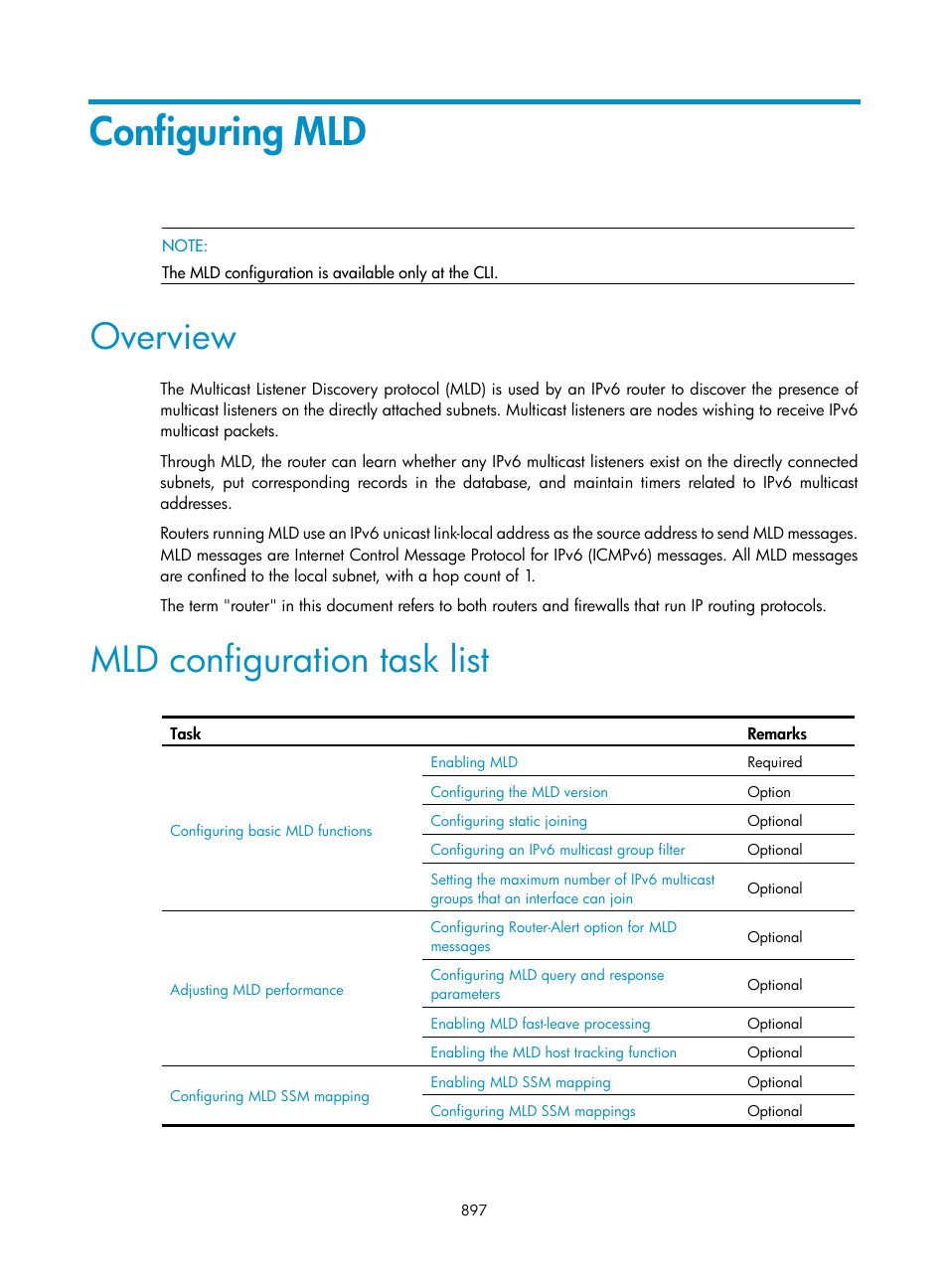 Configuring mld, Overview, Mld configuration task list | H3C Technologies H3C SecPath F1000-E User Manual | Page 922 / 967