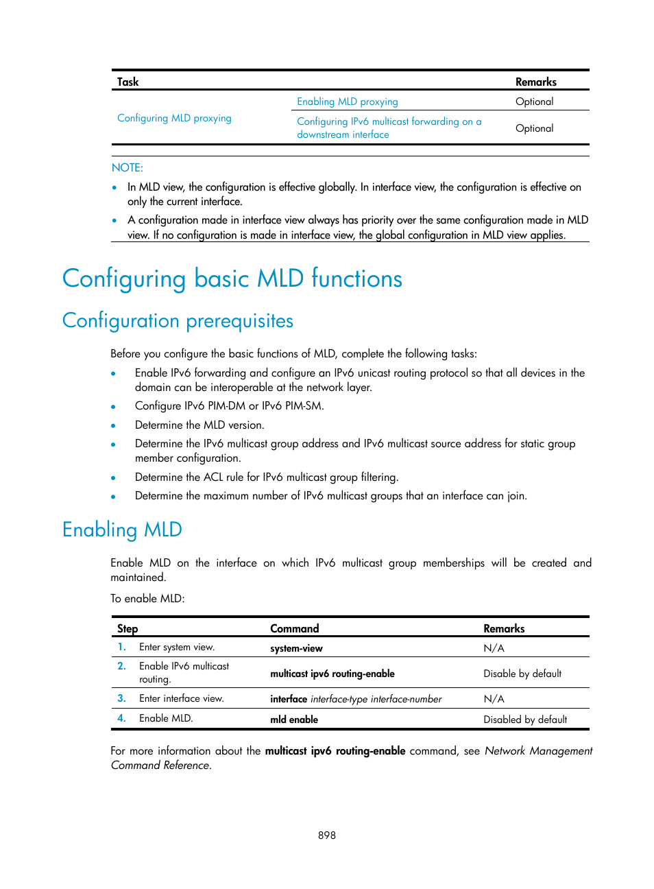 Configuring basic mld functions, Configuration prerequisites, Enabling mld | H3C Technologies H3C SecPath F1000-E User Manual | Page 923 / 967