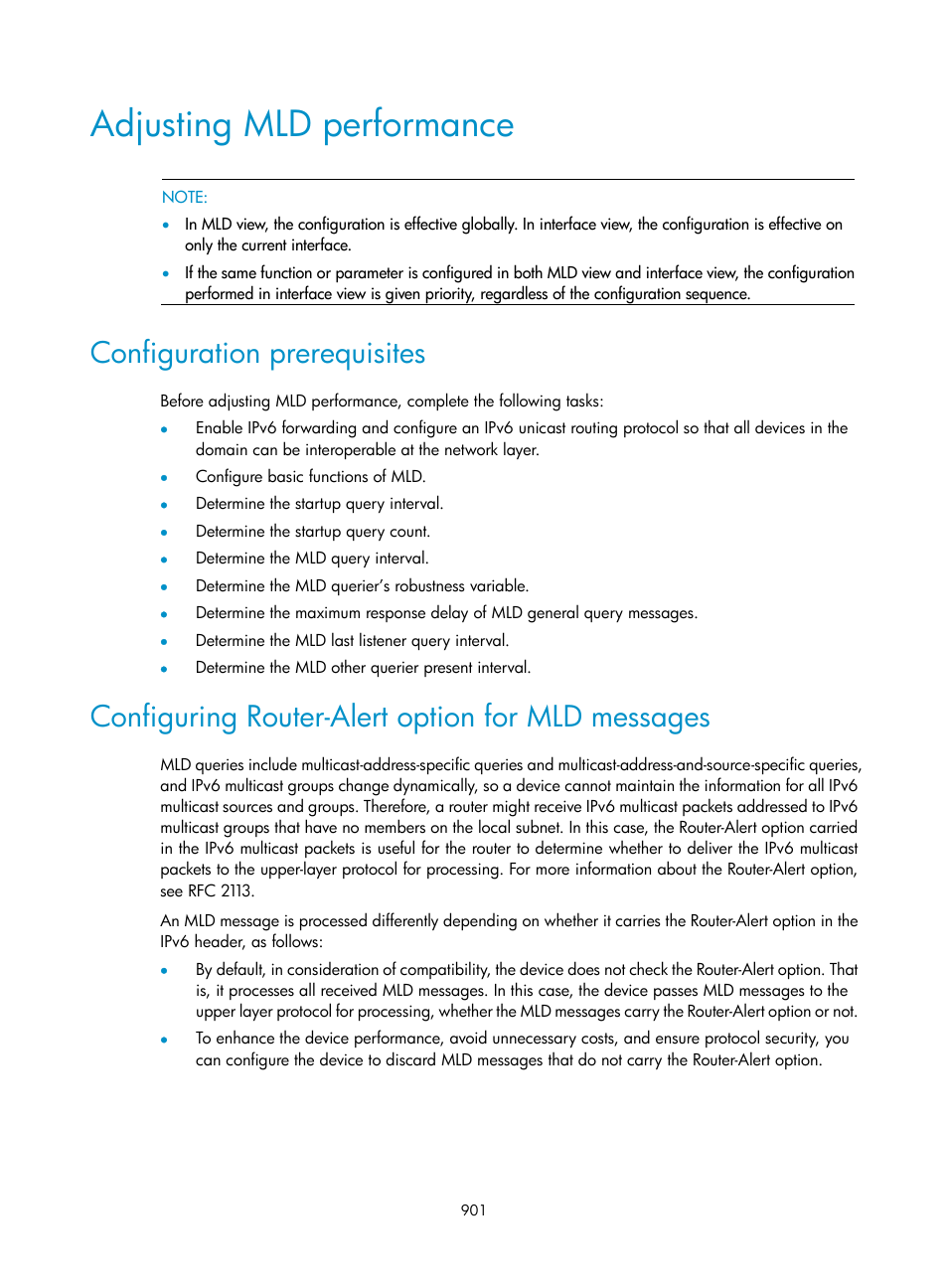 Adjusting mld performance, Configuration prerequisites, Configuring router-alert option for mld messages | H3C Technologies H3C SecPath F1000-E User Manual | Page 926 / 967