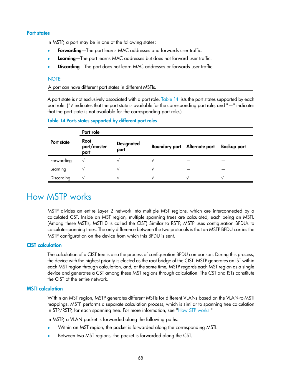 Port states, How mstp works, Cist calculation | Msti calculation | H3C Technologies H3C SecPath F1000-E User Manual | Page 93 / 967