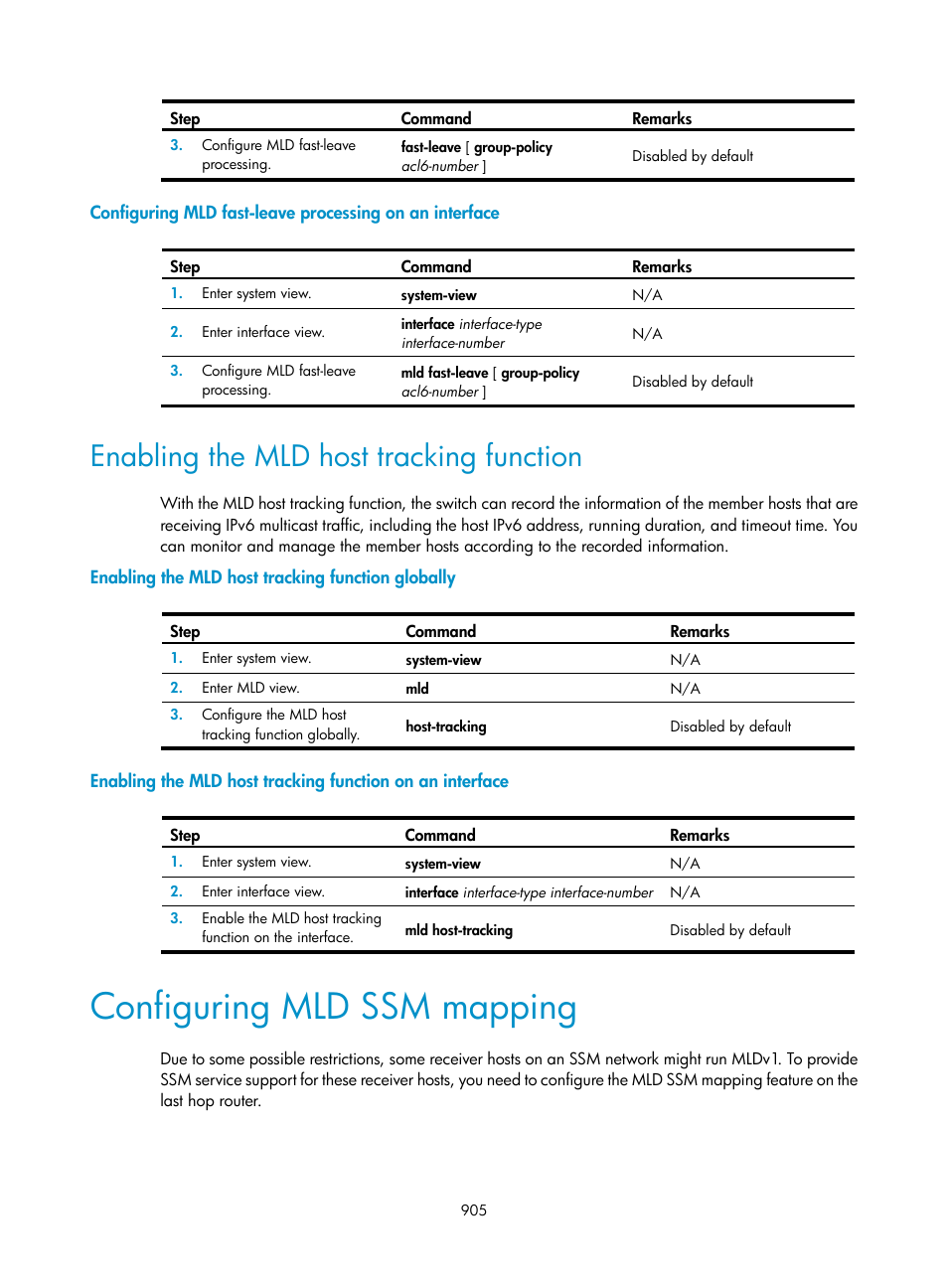 Enabling the mld host tracking function, Enabling the mld host tracking function globally, Configuring mld ssm mapping | H3C Technologies H3C SecPath F1000-E User Manual | Page 930 / 967