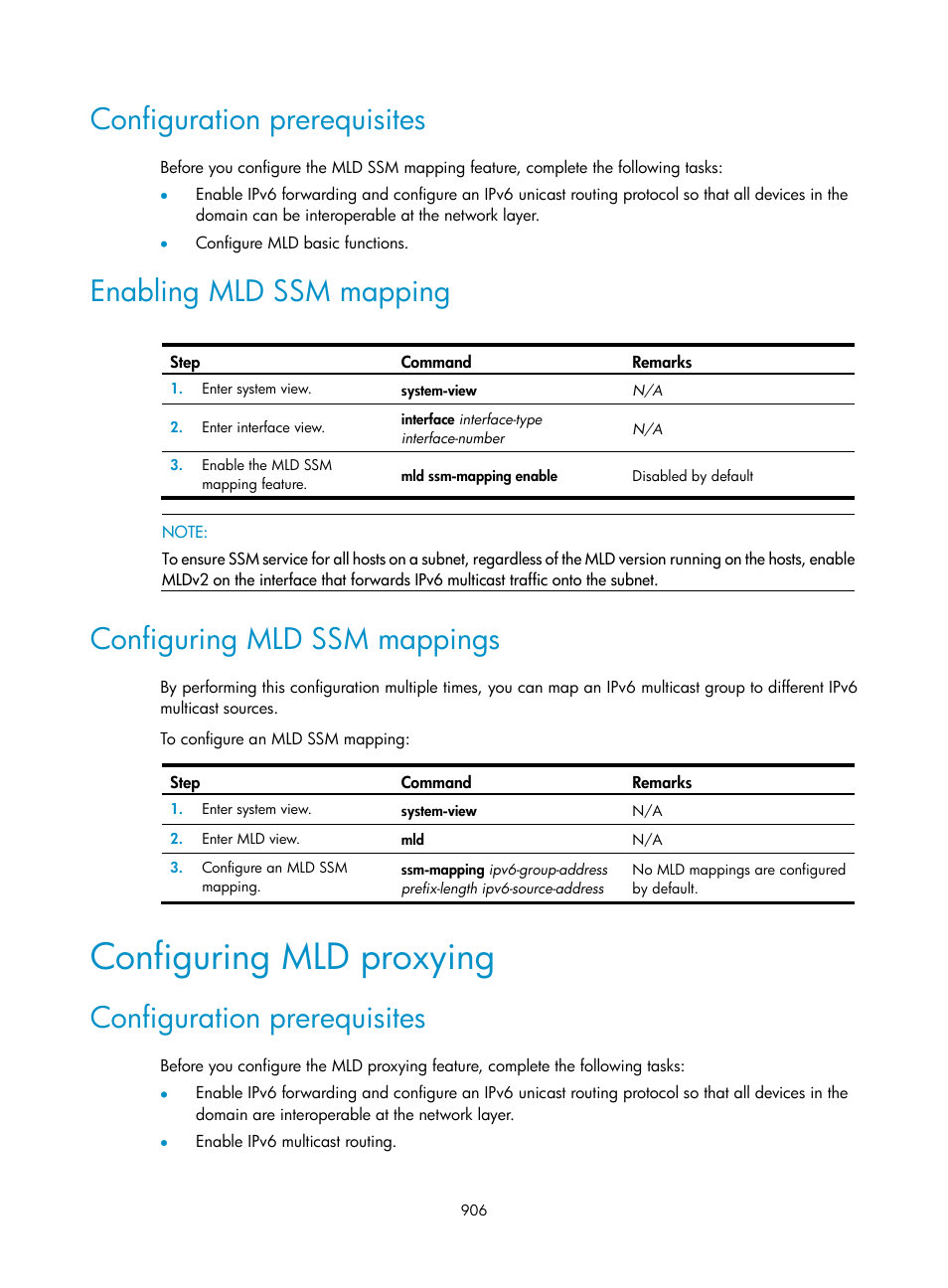 Configuration prerequisites, Enabling mld ssm mapping, Configuring mld ssm mappings | Configuring mld proxying | H3C Technologies H3C SecPath F1000-E User Manual | Page 931 / 967