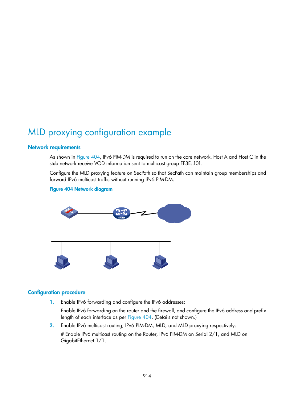 Mld proxying configuration example, Network requirements, Configuration procedure | H3C Technologies H3C SecPath F1000-E User Manual | Page 939 / 967