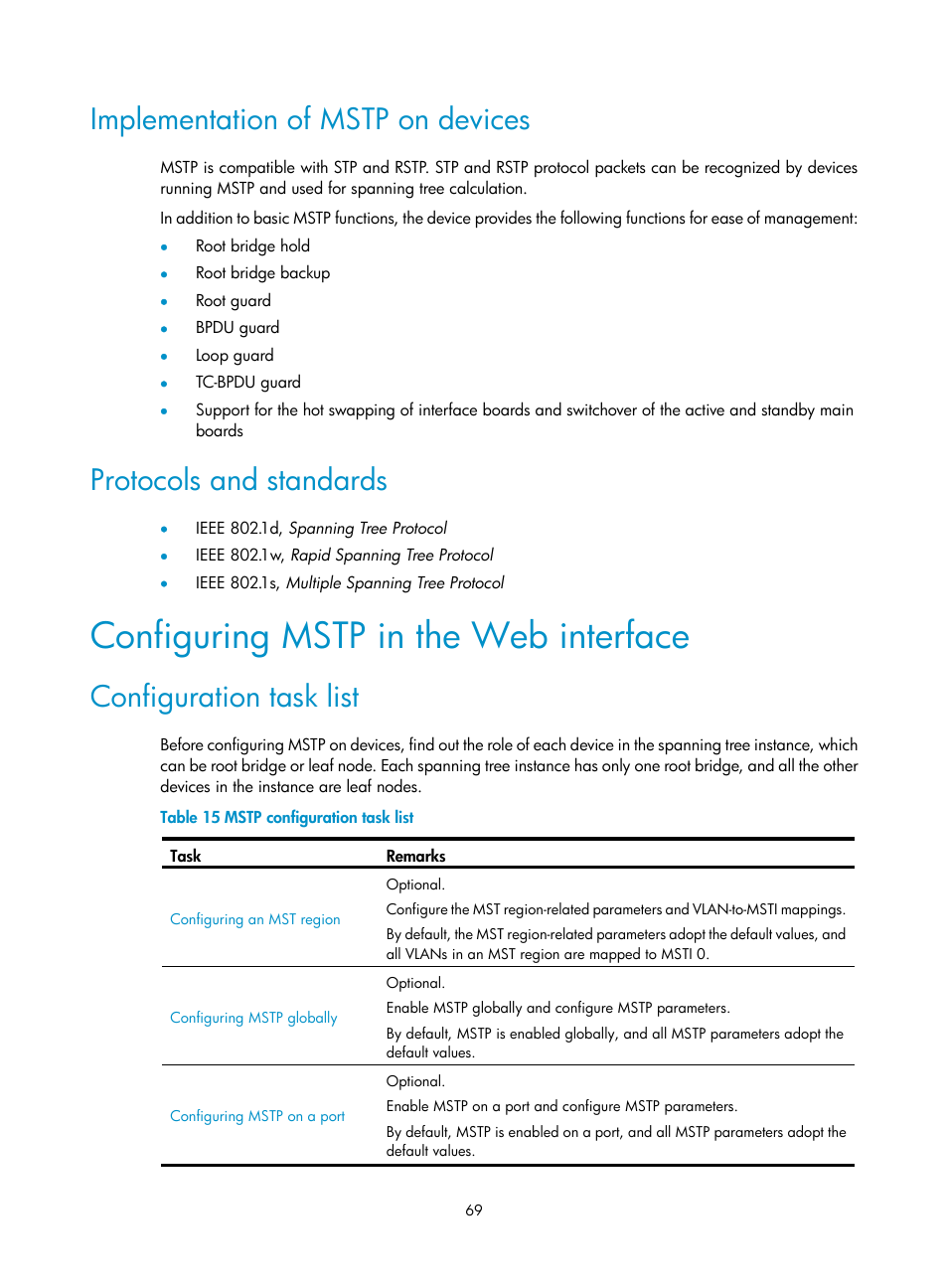 Implementation of mstp on devices, Protocols and standards, Configuring mstp in the web interface | Configuration task list | H3C Technologies H3C SecPath F1000-E User Manual | Page 94 / 967