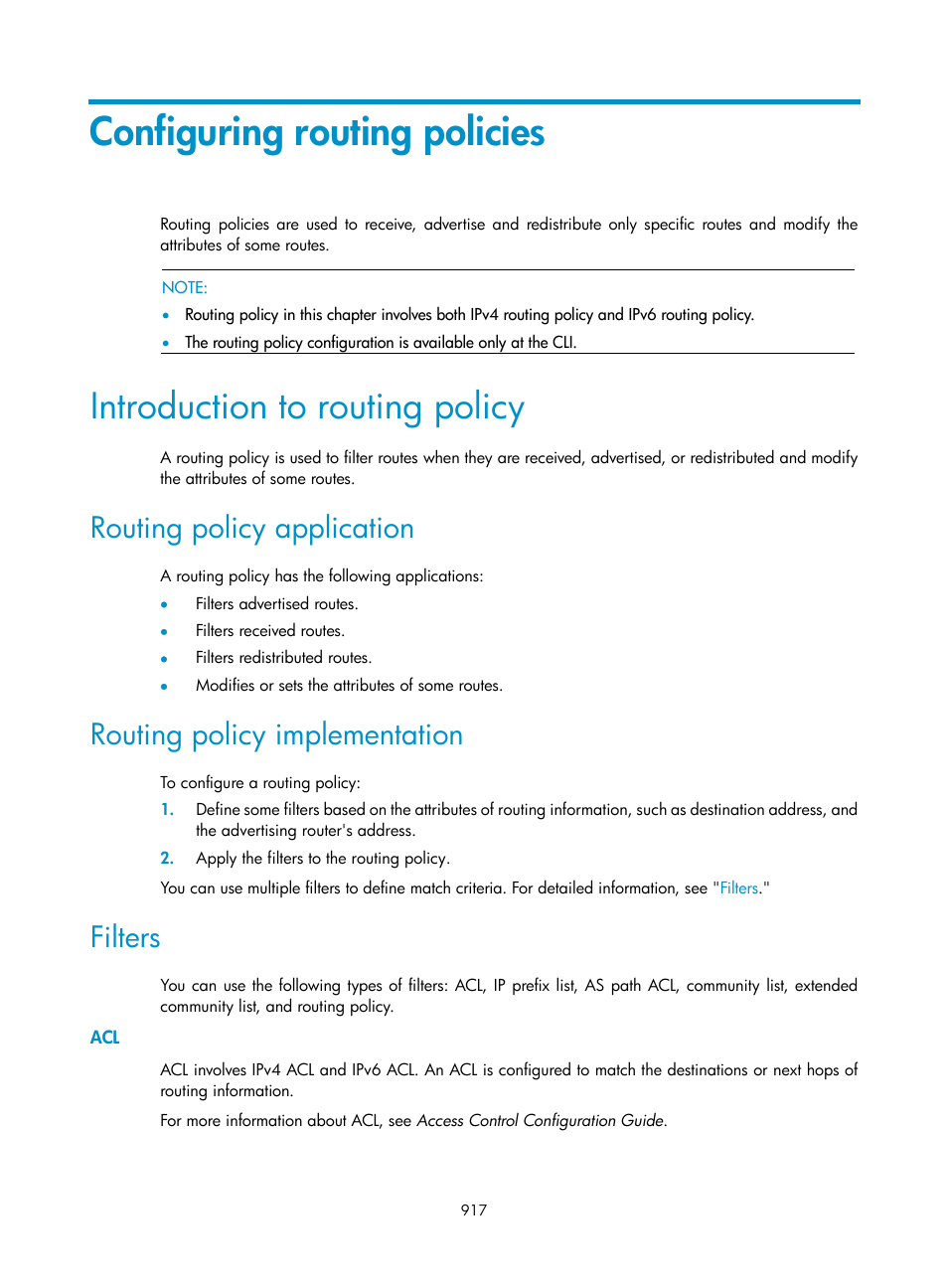 Configuring routing policies, Introduction to routing policy, Routing policy application | Routing policy implementation, Filters | H3C Technologies H3C SecPath F1000-E User Manual | Page 942 / 967