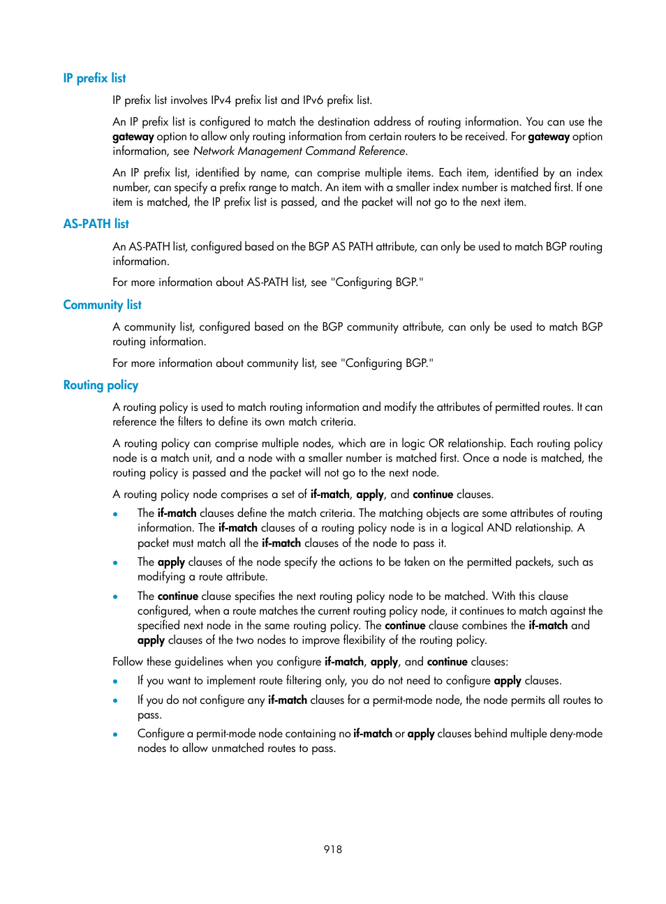 Ip prefix list, As-path list, Community list | Routing policy | H3C Technologies H3C SecPath F1000-E User Manual | Page 943 / 967