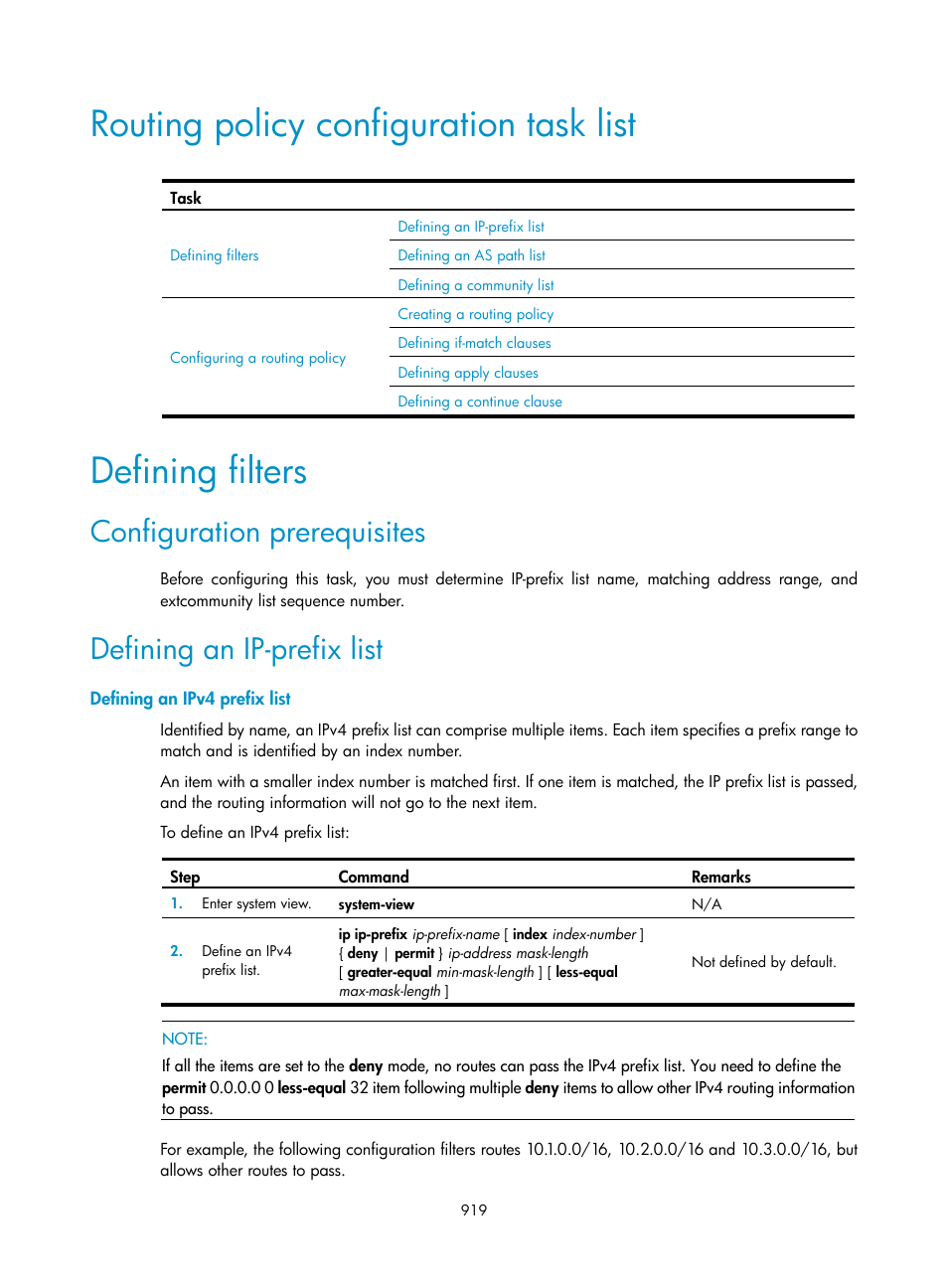 Routing policy configuration task list, Defining filters, Configuration prerequisites | Defining an ip-prefix list, Defining an ipv4 prefix list | H3C Technologies H3C SecPath F1000-E User Manual | Page 944 / 967