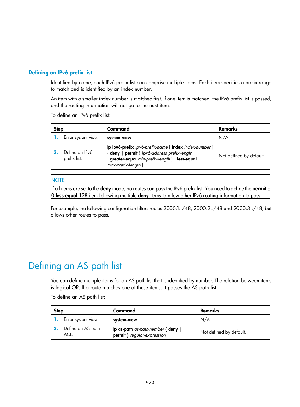 Defining an ipv6 prefix list, Defining an as path list | H3C Technologies H3C SecPath F1000-E User Manual | Page 945 / 967