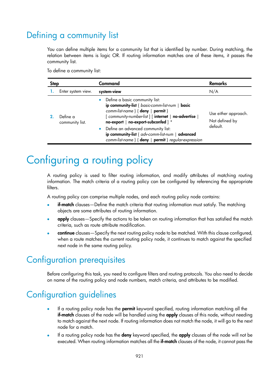 Defining a community list, Configuring a routing policy, Configuration prerequisites | Configuration guidelines | H3C Technologies H3C SecPath F1000-E User Manual | Page 946 / 967