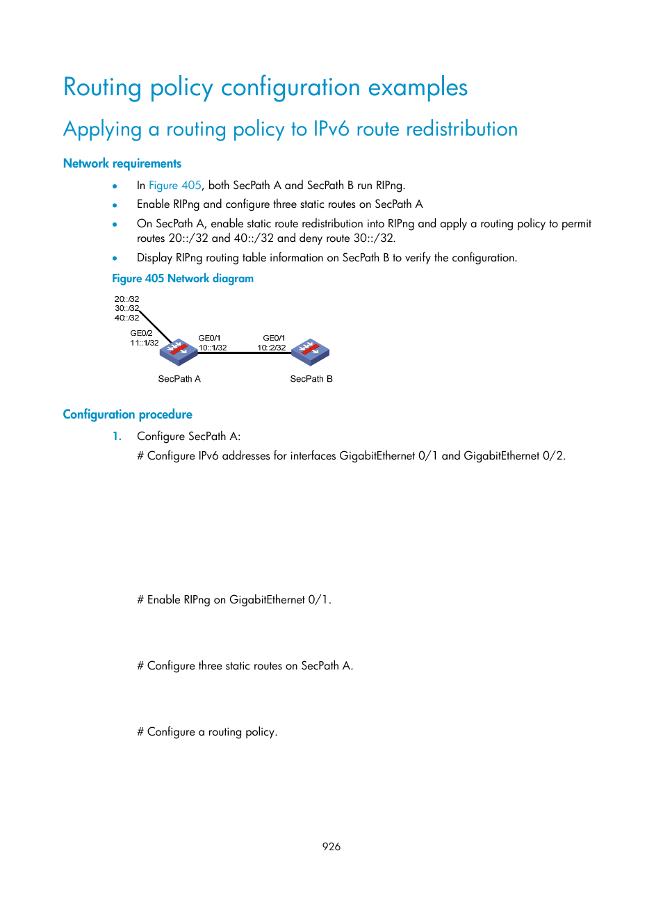 Routing policy configuration examples, Network requirements, Configuration procedure | H3C Technologies H3C SecPath F1000-E User Manual | Page 951 / 967