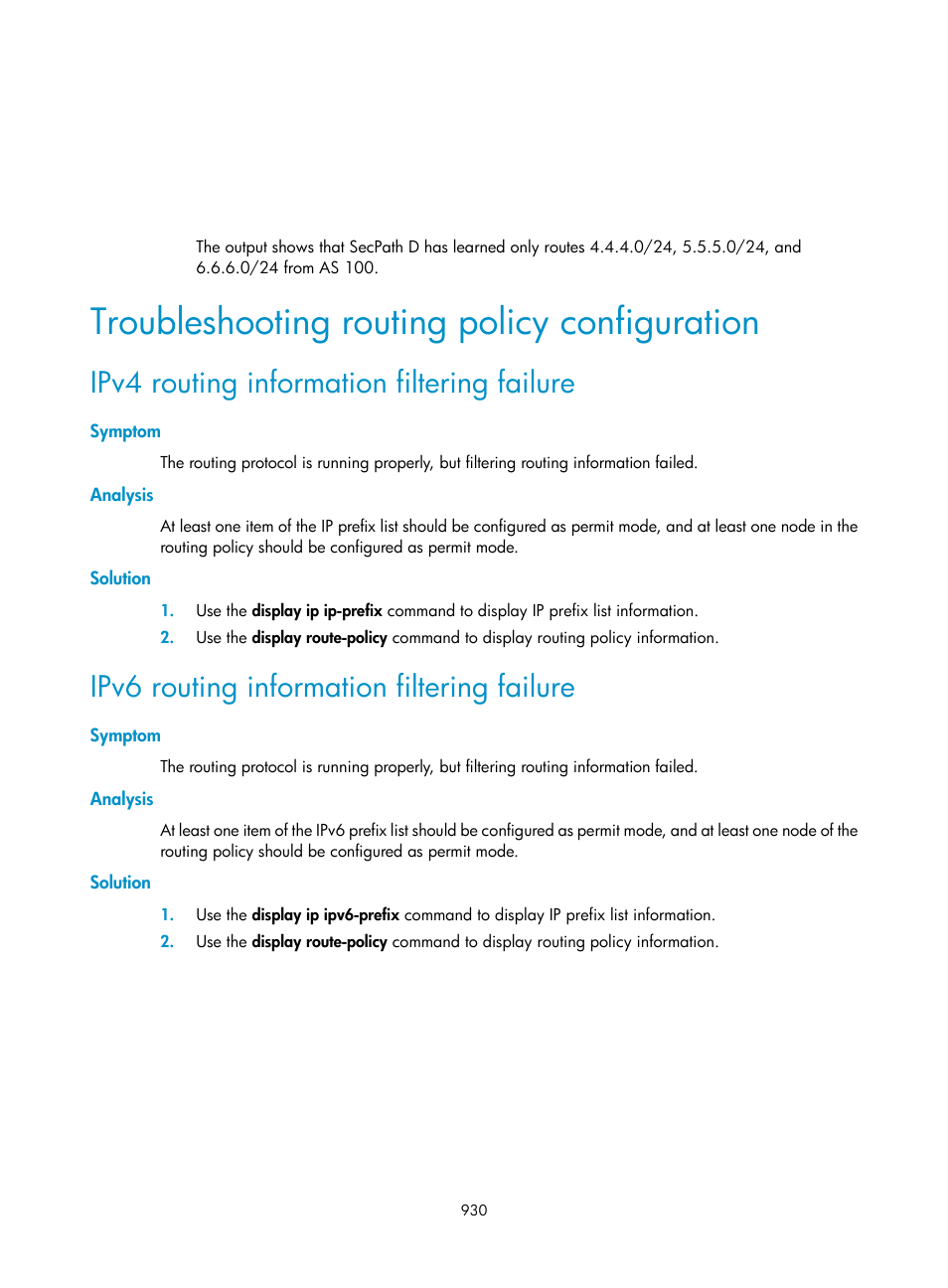 Troubleshooting routing policy configuration, Ipv4 routing information filtering failure, Symptom | Analysis, Solution, Ipv6 routing information filtering failure | H3C Technologies H3C SecPath F1000-E User Manual | Page 955 / 967