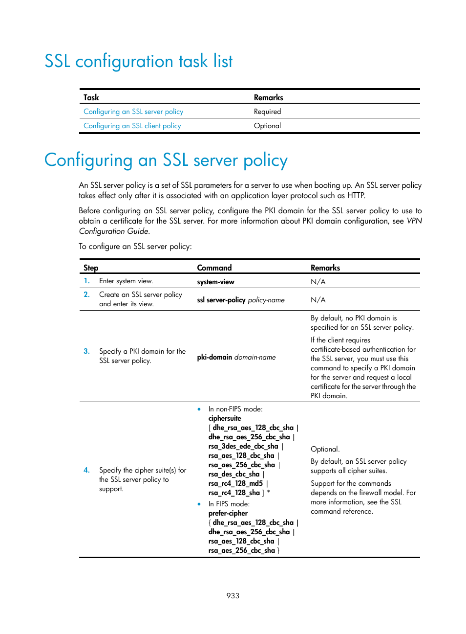 Ssl configuration task list, Configuring an ssl server policy | H3C Technologies H3C SecPath F1000-E User Manual | Page 958 / 967