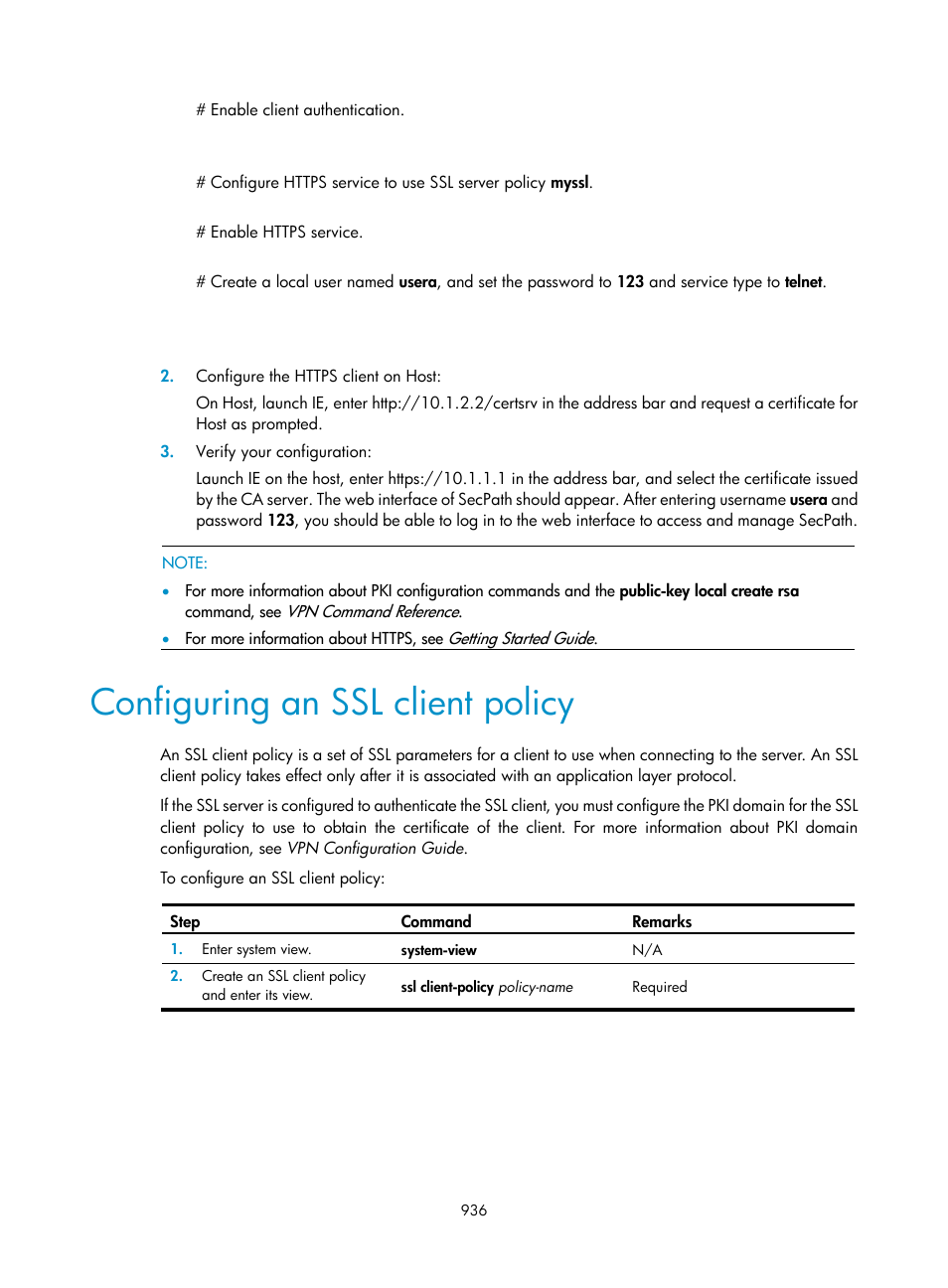 Configuring an ssl client policy | H3C Technologies H3C SecPath F1000-E User Manual | Page 961 / 967