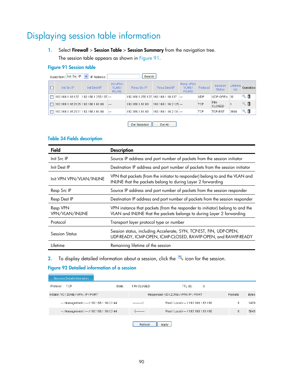 Displaying session table information | H3C Technologies H3C SecPath F1000-E User Manual | Page 100 / 273