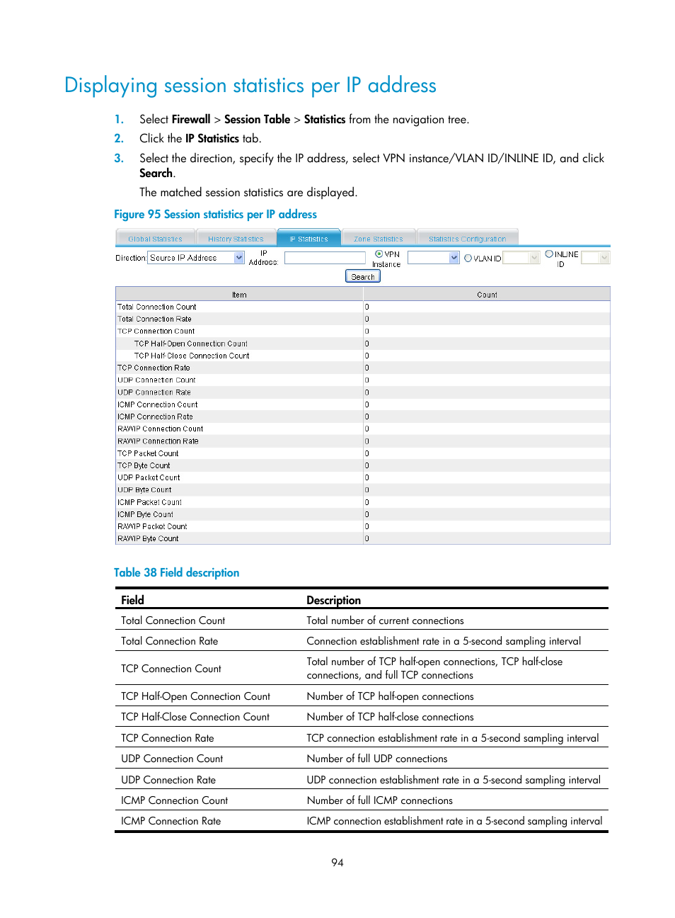 Displaying session statistics per ip address | H3C Technologies H3C SecPath F1000-E User Manual | Page 104 / 273