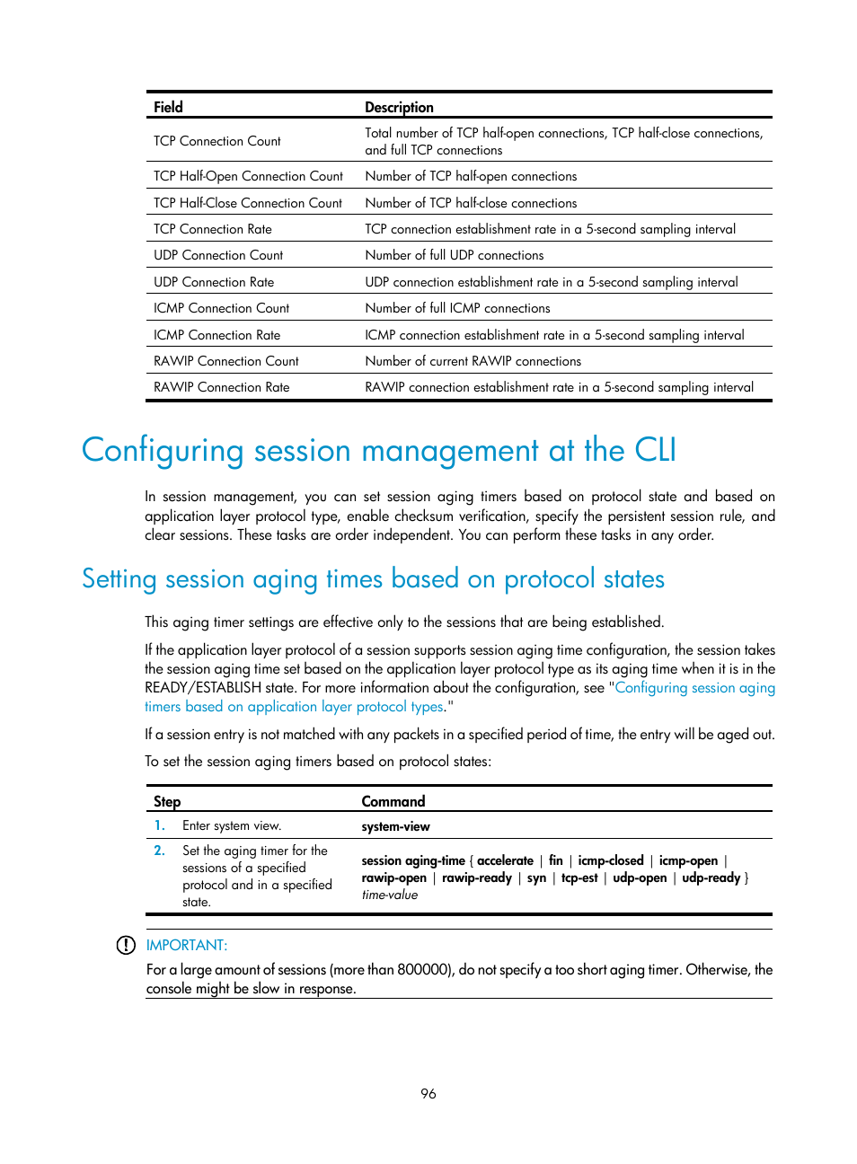 Configuring session management at the cli | H3C Technologies H3C SecPath F1000-E User Manual | Page 106 / 273