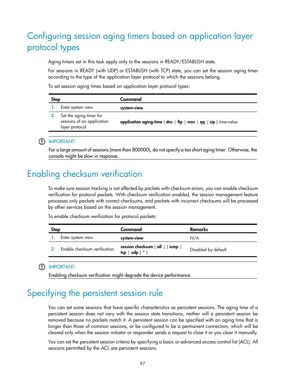 Enabling checksum verification, Specifying the persistent session rule | H3C Technologies H3C SecPath F1000-E User Manual | Page 107 / 273