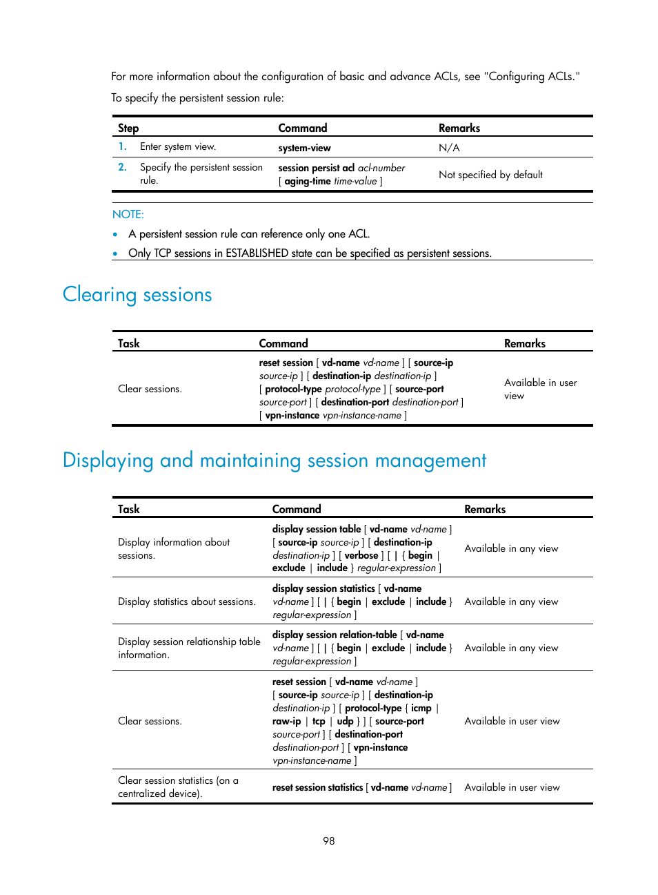 Clearing sessions, Displaying and maintaining session management | H3C Technologies H3C SecPath F1000-E User Manual | Page 108 / 273