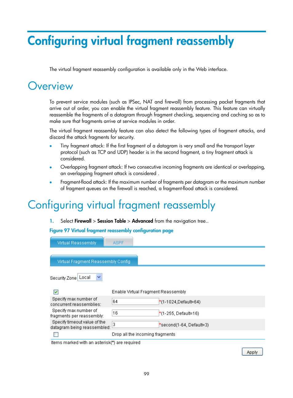 Configuring virtual fragment reassembly, Overview | H3C Technologies H3C SecPath F1000-E User Manual | Page 109 / 273