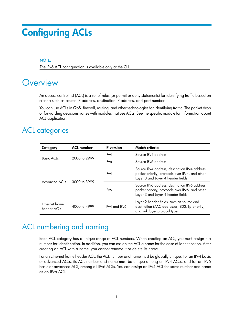 Configuring acls, Overview, Acl categories | Acl numbering and naming | H3C Technologies H3C SecPath F1000-E User Manual | Page 11 / 273