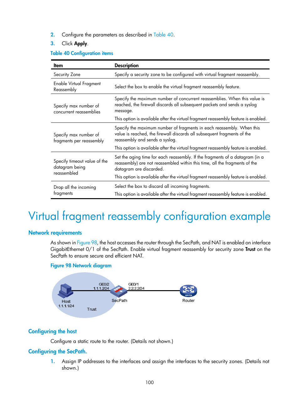 Virtual fragment reassembly configuration example, Network requirements, Configuring the host | Configuring the secpath | H3C Technologies H3C SecPath F1000-E User Manual | Page 110 / 273