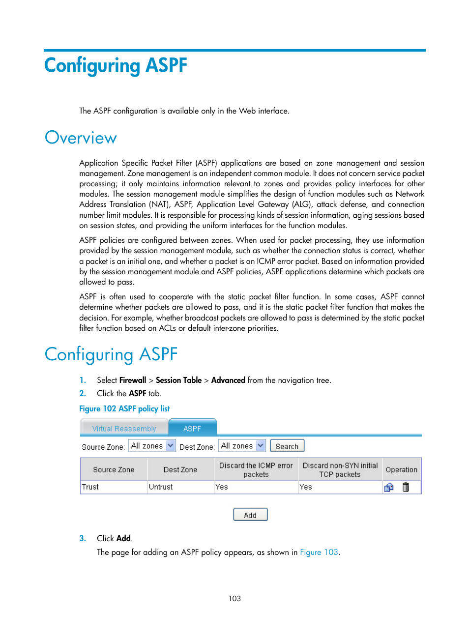 Configuring aspf, Overview | H3C Technologies H3C SecPath F1000-E User Manual | Page 113 / 273