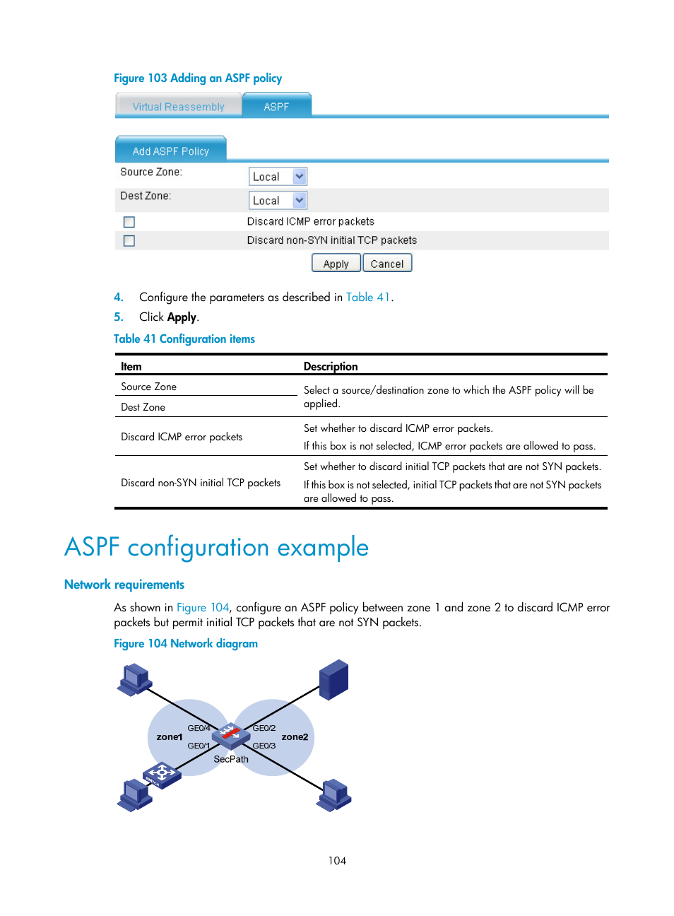 Aspf configuration example, Network requirements | H3C Technologies H3C SecPath F1000-E User Manual | Page 114 / 273