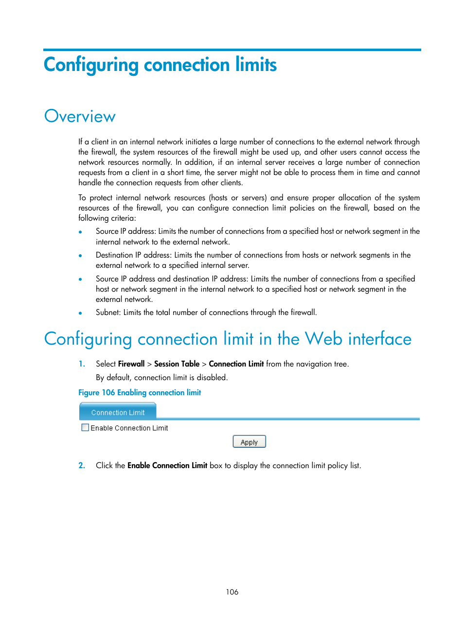 Configuring connection limits, Overview, Configuring connection limit in the web interface | H3C Technologies H3C SecPath F1000-E User Manual | Page 116 / 273