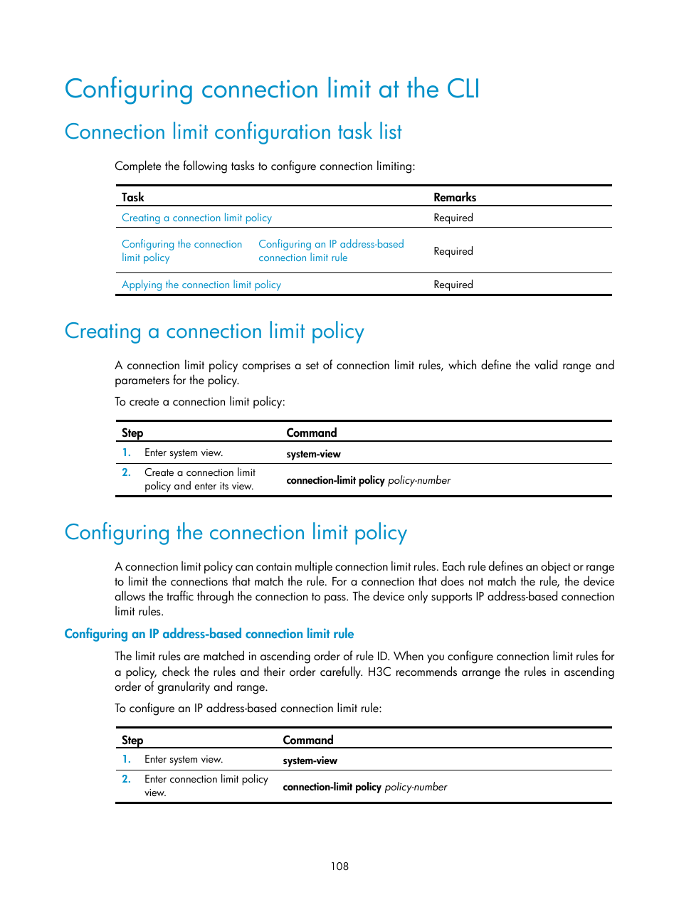 Configuring connection limit at the cli, Connection limit configuration task list, Creating a connection limit policy | Configuring the connection limit policy | H3C Technologies H3C SecPath F1000-E User Manual | Page 118 / 273