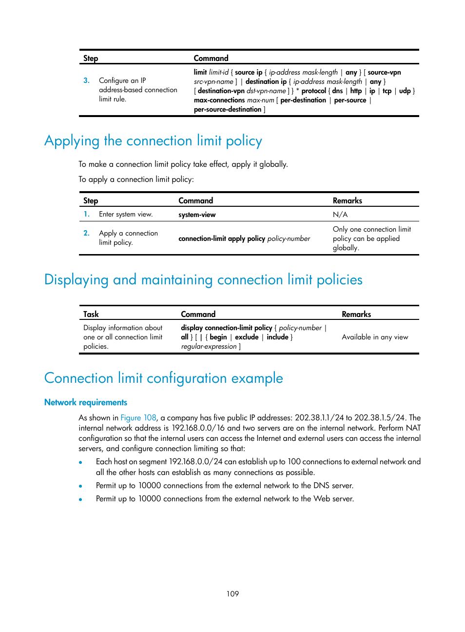 Applying the connection limit policy, Connection limit configuration example, Network requirements | H3C Technologies H3C SecPath F1000-E User Manual | Page 119 / 273