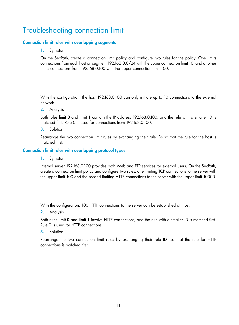 Troubleshooting connection limit, Connection limit rules with overlapping segments | H3C Technologies H3C SecPath F1000-E User Manual | Page 121 / 273